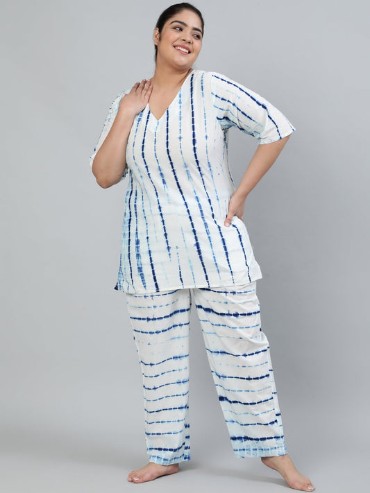 Plus Size Women Off- White Tie-Dye Printed Night Suit With Half Sleeves | LASVINI - Redefining Indian Fashion with Elegance