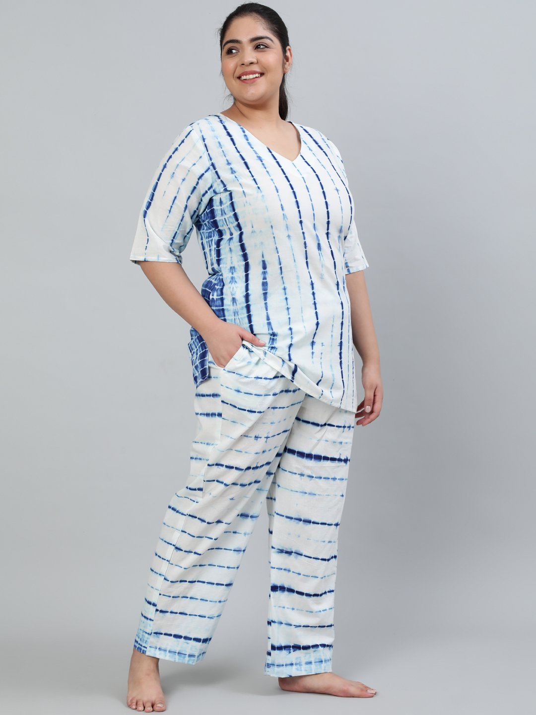 Plus Size Women Off- White Tie-Dye Printed Night Suit With Half Sleeves | LASVINI - Redefining Indian Fashion with Elegance