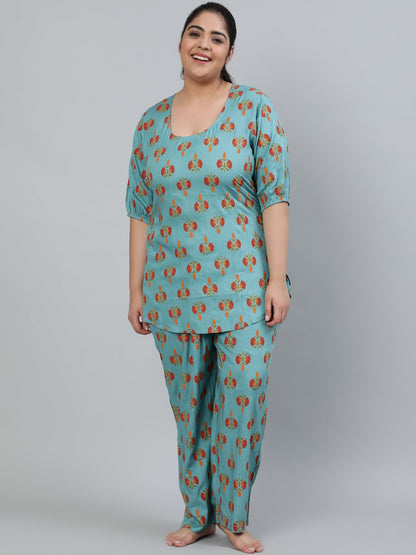 Plus Size Women Blue Printed Night Suit With Half Sleeves | LASVINI - Redefining Indian Fashion with Elegance