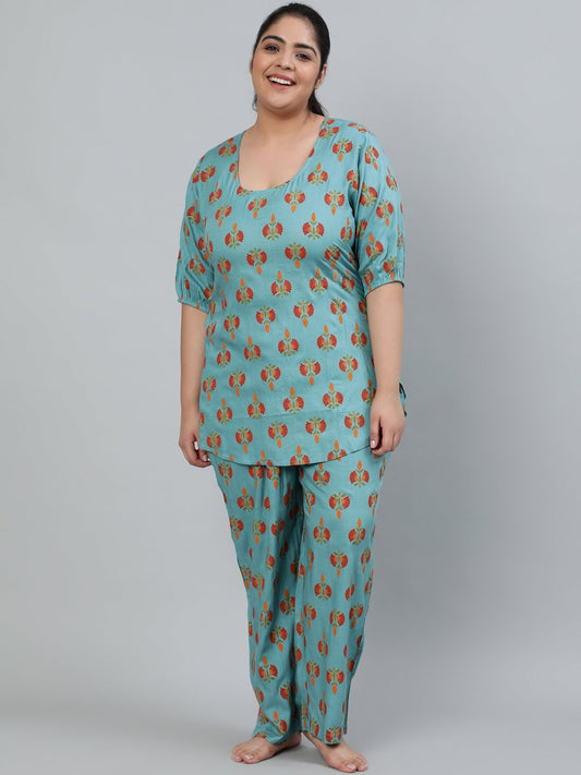 Plus Size Women Blue Printed Night Suit With Half Sleeves | LASVINI - Redefining Indian Fashion with Elegance
