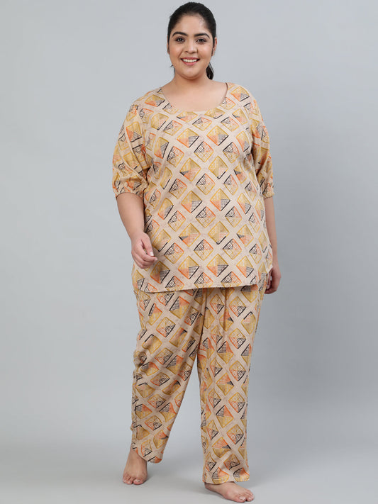 Plus Size Women Beige Printed Night Suit With Half Sleeves | LASVINI - Redefining Indian Fashion with Elegance