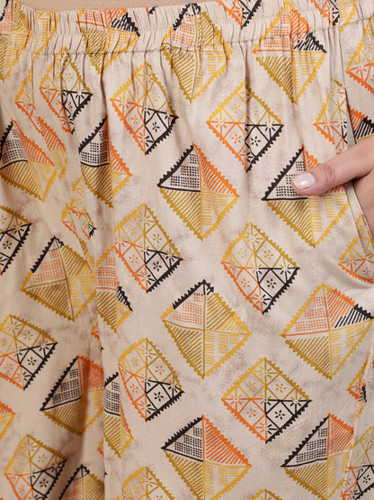 Plus Size Women Beige Printed Night Suit With Half Sleeves | LASVINI - Redefining Indian Fashion with Elegance