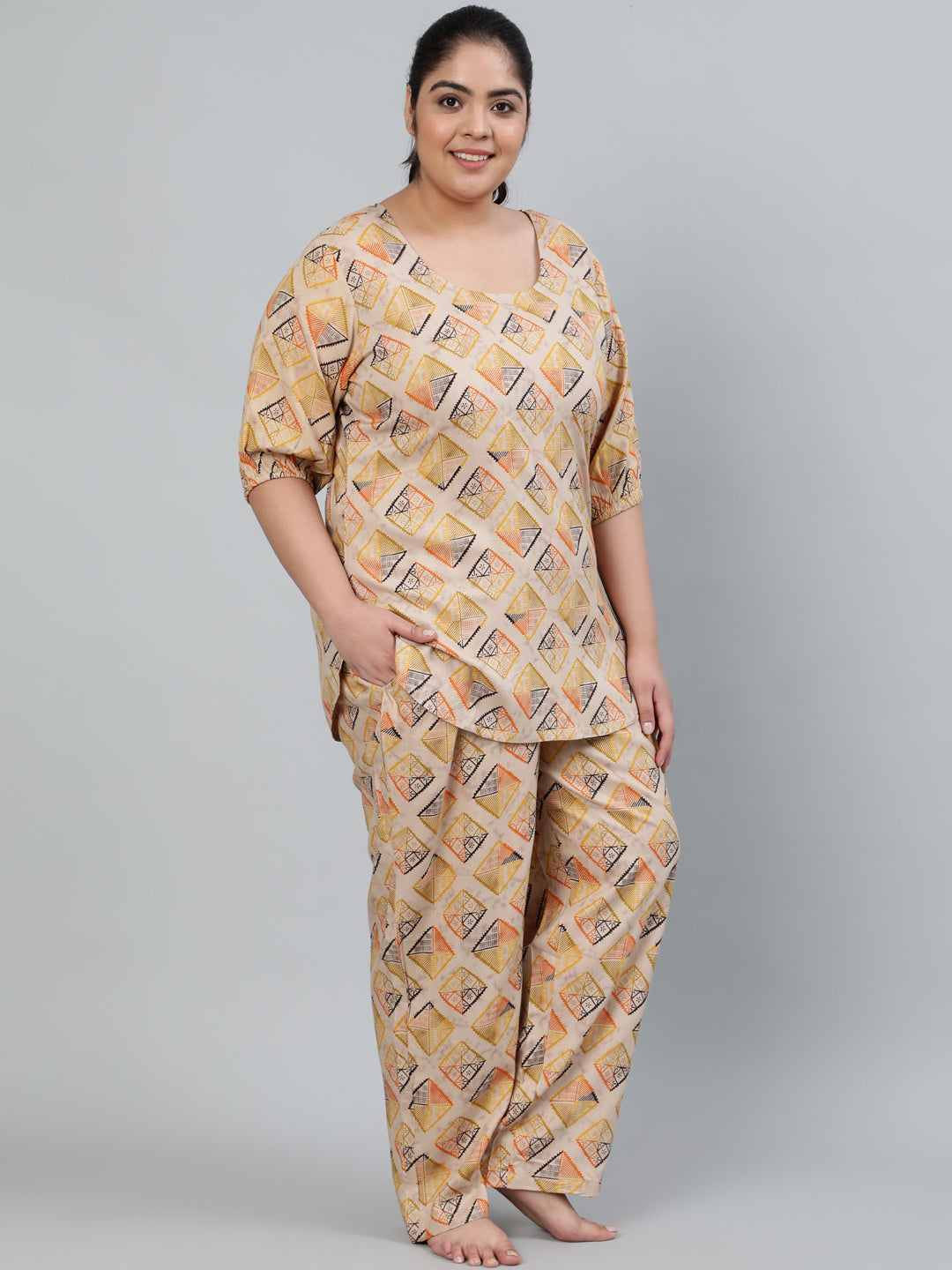 Plus Size Women Beige Printed Night Suit With Half Sleeves | LASVINI - Redefining Indian Fashion with Elegance