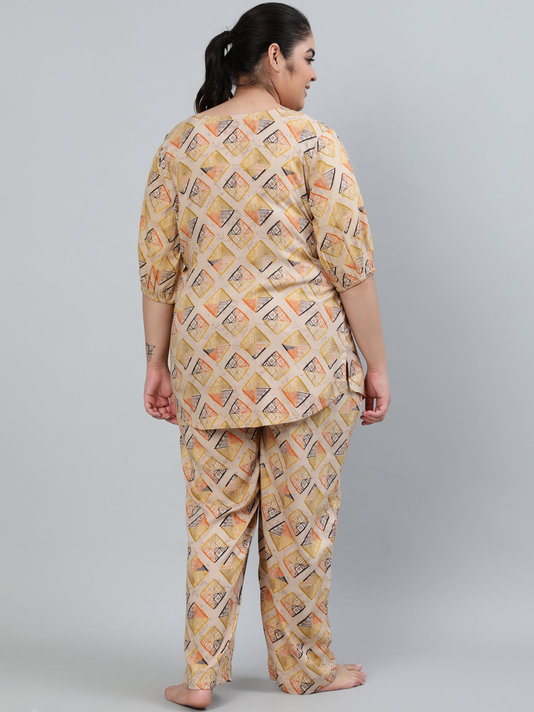 Plus Size Women Beige Printed Night Suit With Half Sleeves | LASVINI - Redefining Indian Fashion with Elegance