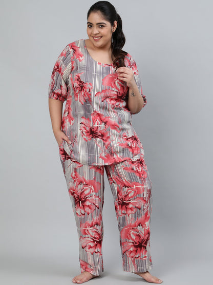Plus Size Women Grey Printed Night Suit With Half Sleeves | LASVINI - Redefining Indian Fashion with Elegance