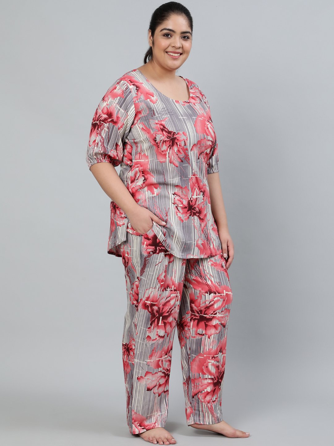 Plus Size Women Grey Printed Night Suit With Half Sleeves | LASVINI - Redefining Indian Fashion with Elegance