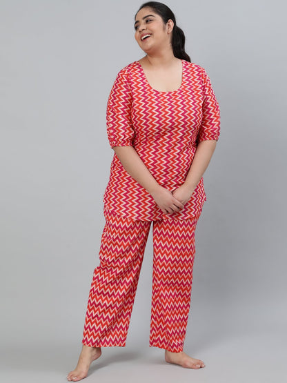 Plus Size Women Pink Printed Night Suit With Half Sleeves | LASVINI - Redefining Indian Fashion with Elegance