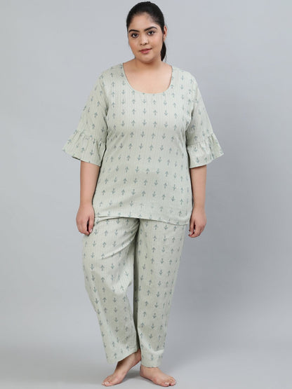 Plus Size Women Green Printed Night Suit With Half Sleeves | LASVINI - Redefining Indian Fashion with Elegance
