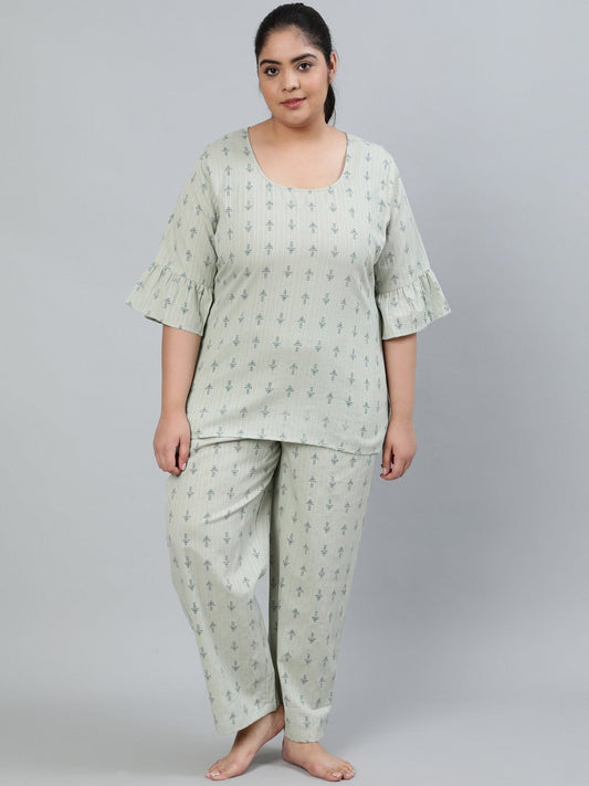 Plus Size Women Green Printed Night Suit With Half Sleeves | LASVINI - Redefining Indian Fashion with Elegance
