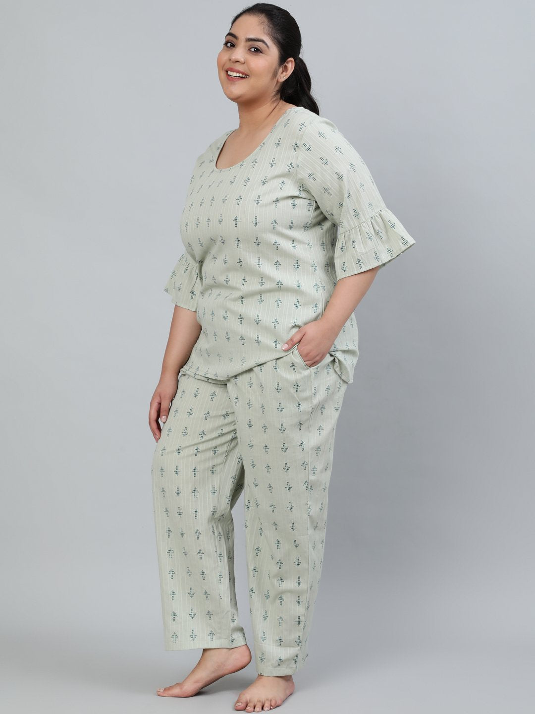Plus Size Women Green Printed Night Suit With Half Sleeves | LASVINI - Redefining Indian Fashion with Elegance