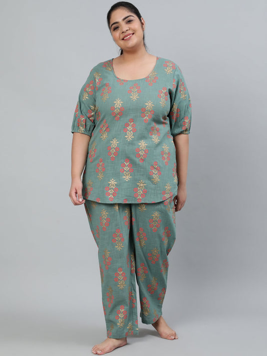 Plus Size Women Green Printed Night Suit With Half Sleeves | LASVINI - Redefining Indian Fashion with Elegance