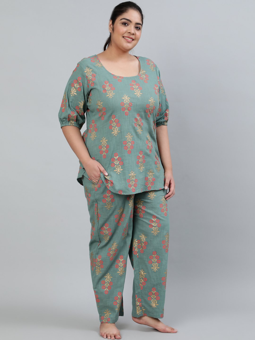 Plus Size Women Green Printed Night Suit With Half Sleeves | LASVINI - Redefining Indian Fashion with Elegance