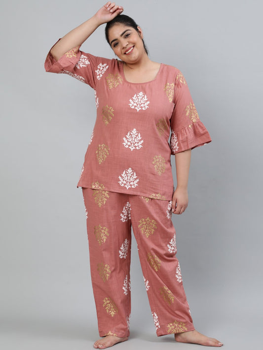 Plus Size Women Pink Printed Night Suit With Half Sleeves | LASVINI - Redefining Indian Fashion with Elegance