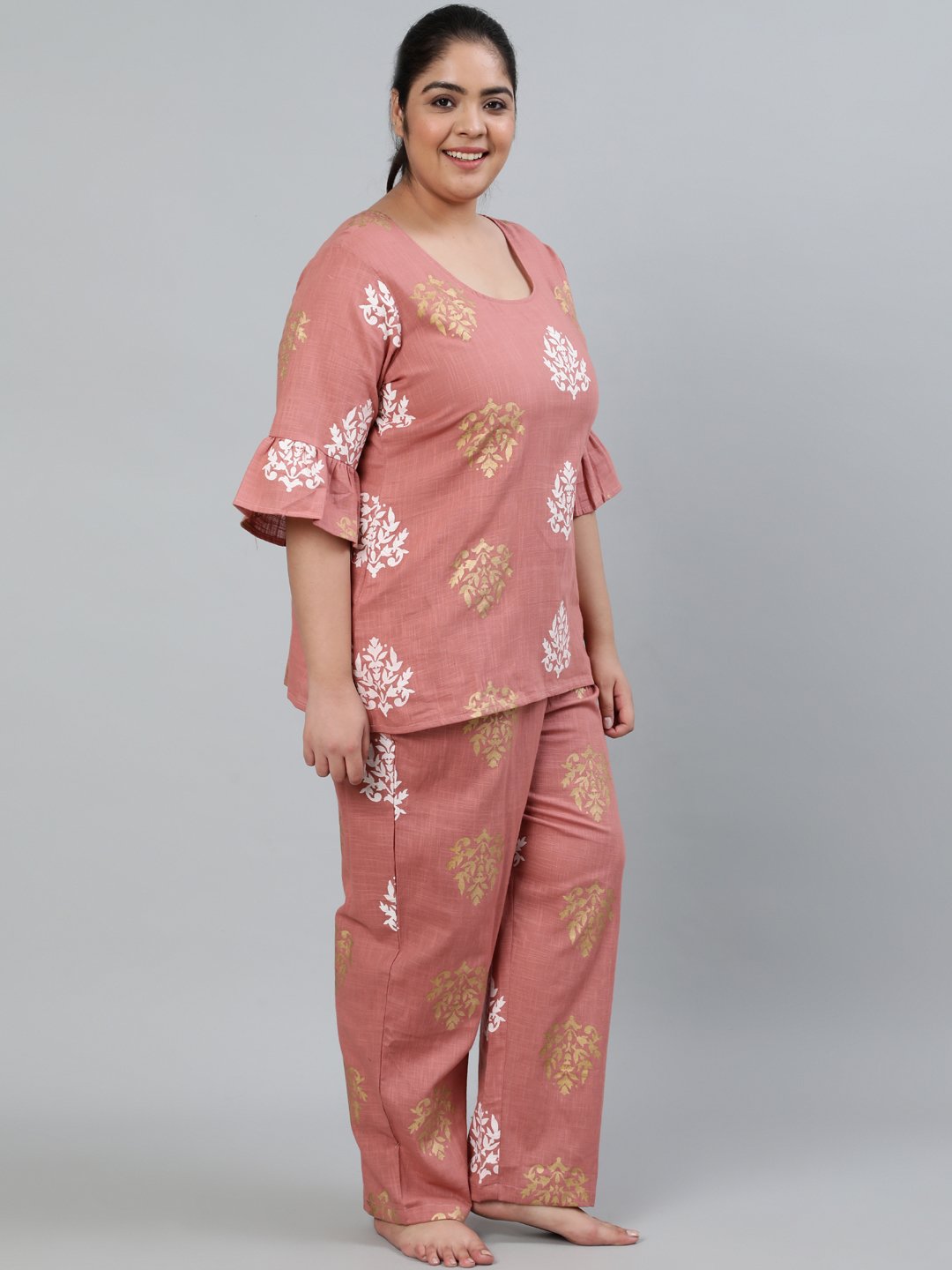 Plus Size Women Pink Printed Night Suit With Half Sleeves | LASVINI - Redefining Indian Fashion with Elegance