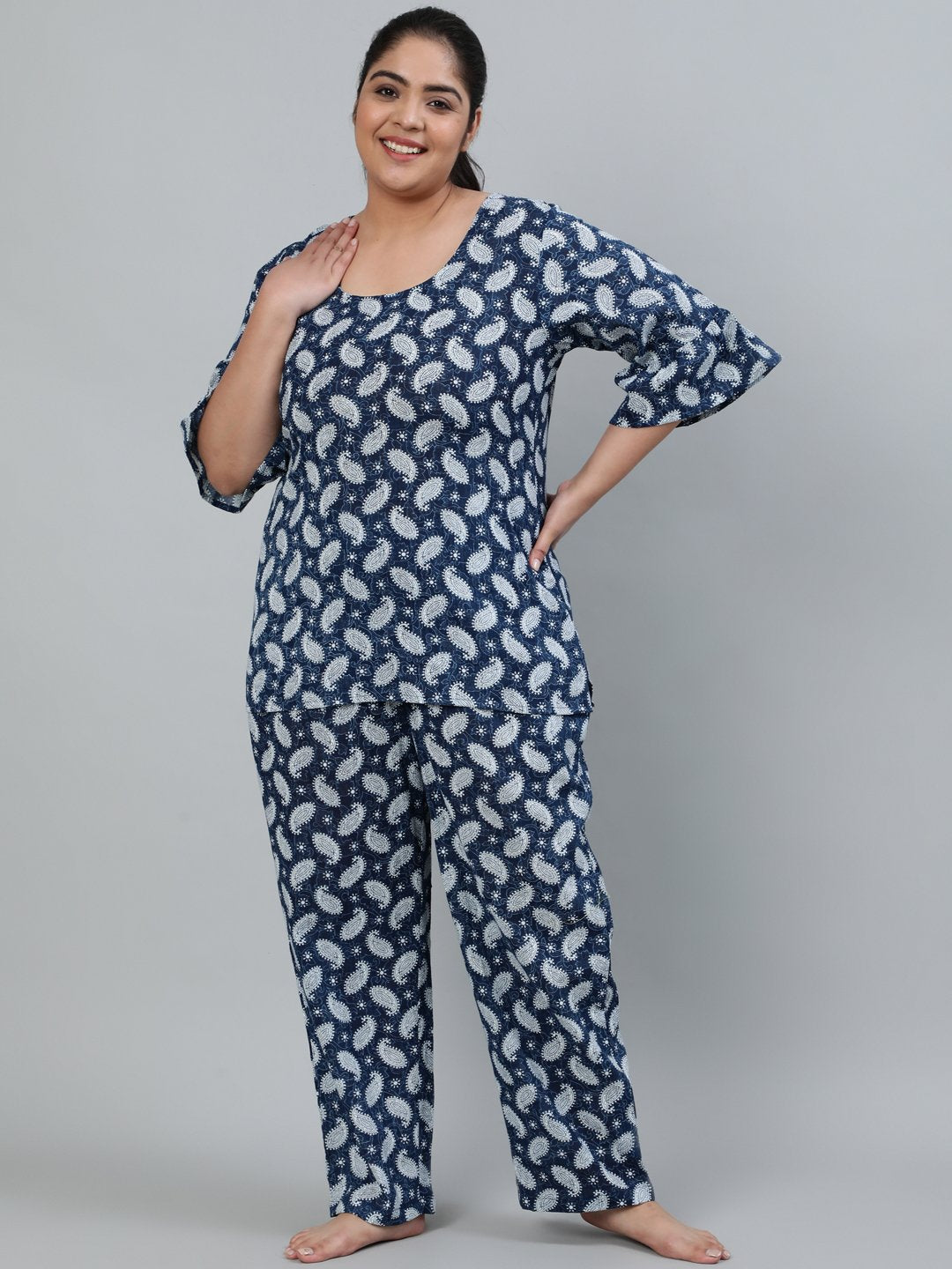 Plus Size Women Blue Printed Night Suit With Half Sleeves | LASVINI - Redefining Indian Fashion with Elegance