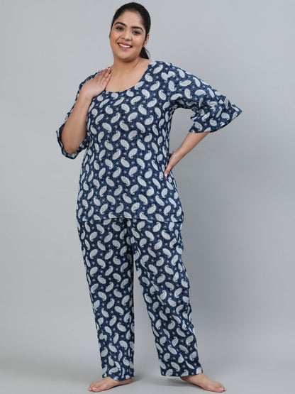 Plus Size Women Blue Printed Night Suit With Half Sleeves | LASVINI - Redefining Indian Fashion with Elegance