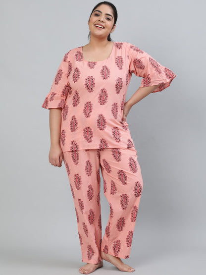Plus Size Women Pink Printed Night Suit With Half Sleeves | LASVINI - Redefining Indian Fashion with Elegance