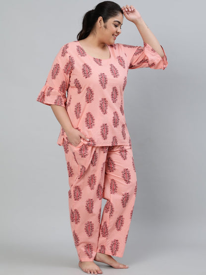 Plus Size Women Pink Printed Night Suit With Half Sleeves | LASVINI - Redefining Indian Fashion with Elegance