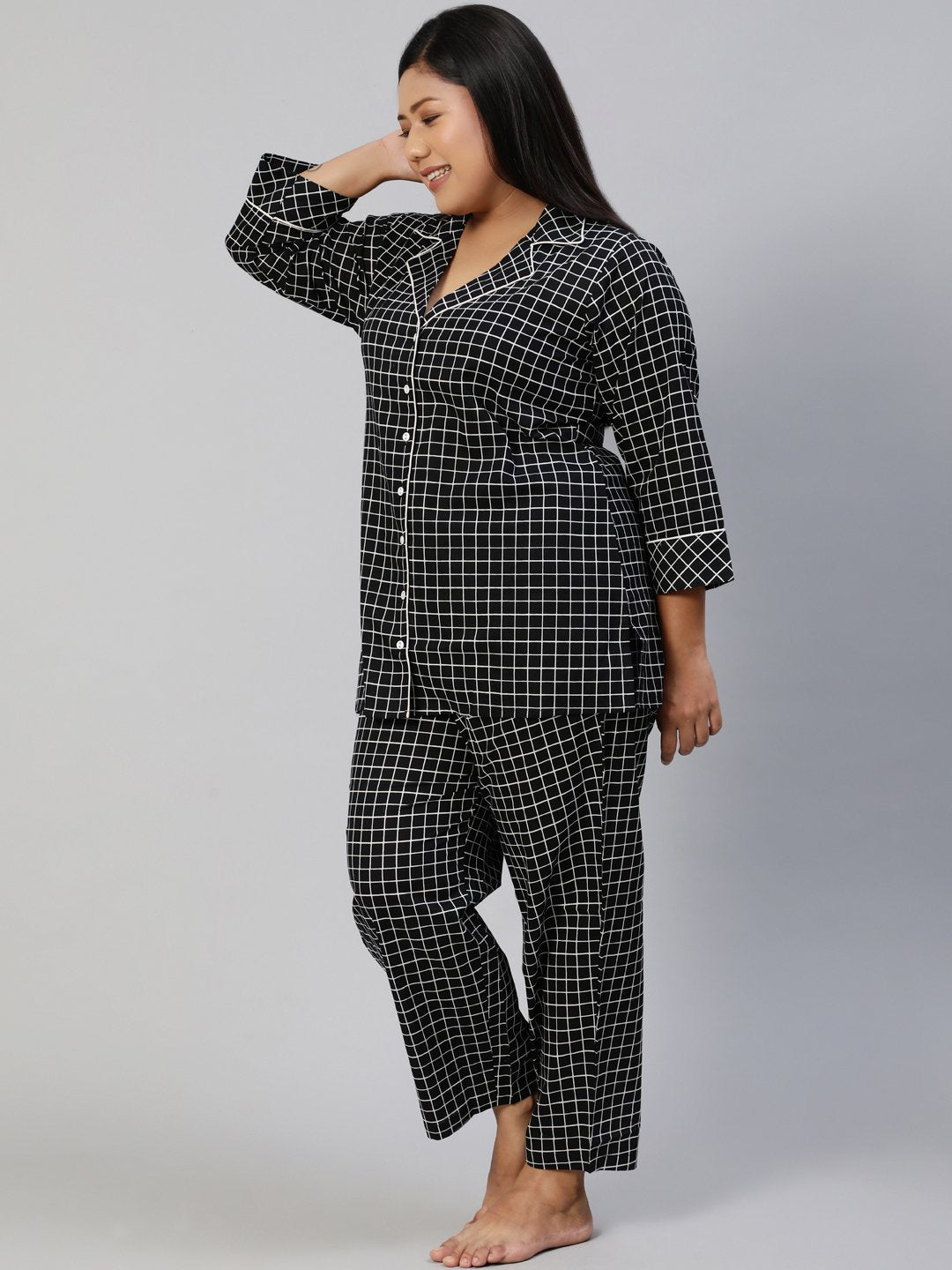 Women Black Checked Night Suit | LASVINI - Redefining Indian Fashion with Elegance