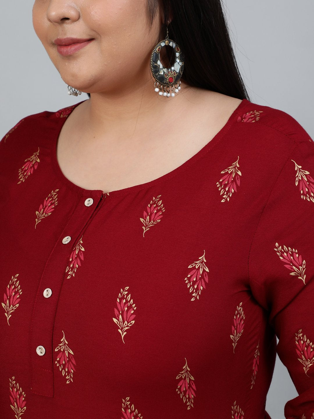 Plus Size Women Maroon & Gold Printed Staright Kurta With Three Quarter Sleeves | LASVINI - Redefining Indian Fashion with Elegance