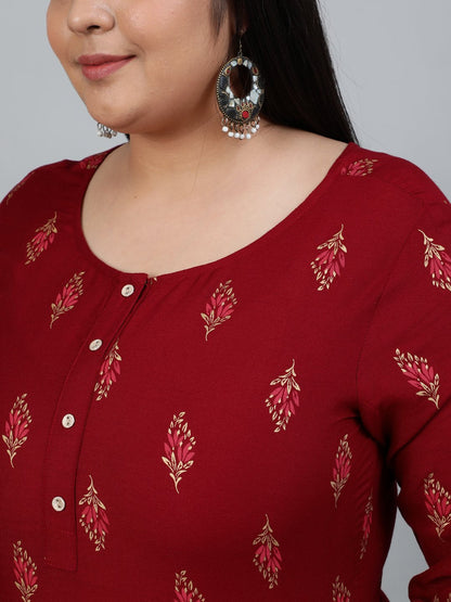 Plus Size Women Maroon & Gold Printed Staright Kurta With Three Quarter Sleeves | LASVINI - Redefining Indian Fashion with Elegance
