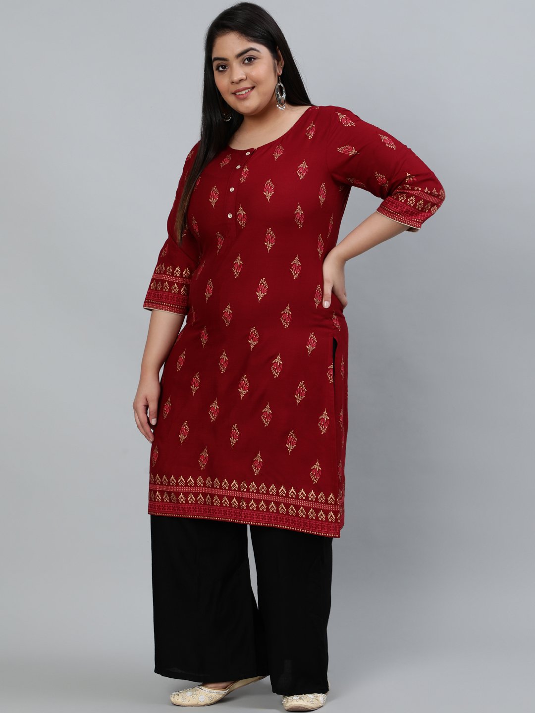 Plus Size Women Maroon & Gold Printed Staright Kurta With Three Quarter Sleeves | LASVINI - Redefining Indian Fashion with Elegance