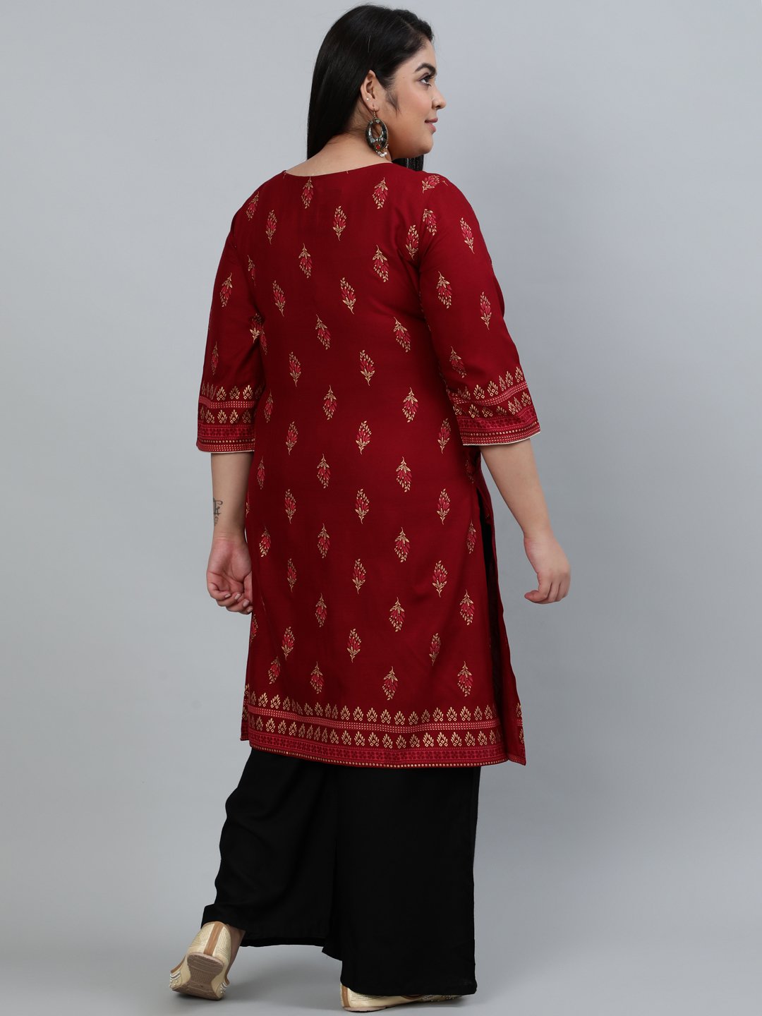 Plus Size Women Maroon & Gold Printed Staright Kurta With Three Quarter Sleeves | LASVINI - Redefining Indian Fashion with Elegance