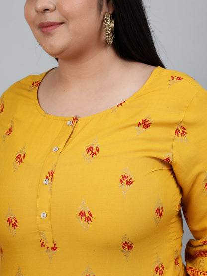 Plus Size Women Yellow & Gold Printed Staright Kurta With Three Quarter Sleeves | LASVINI - Redefining Indian Fashion with Elegance