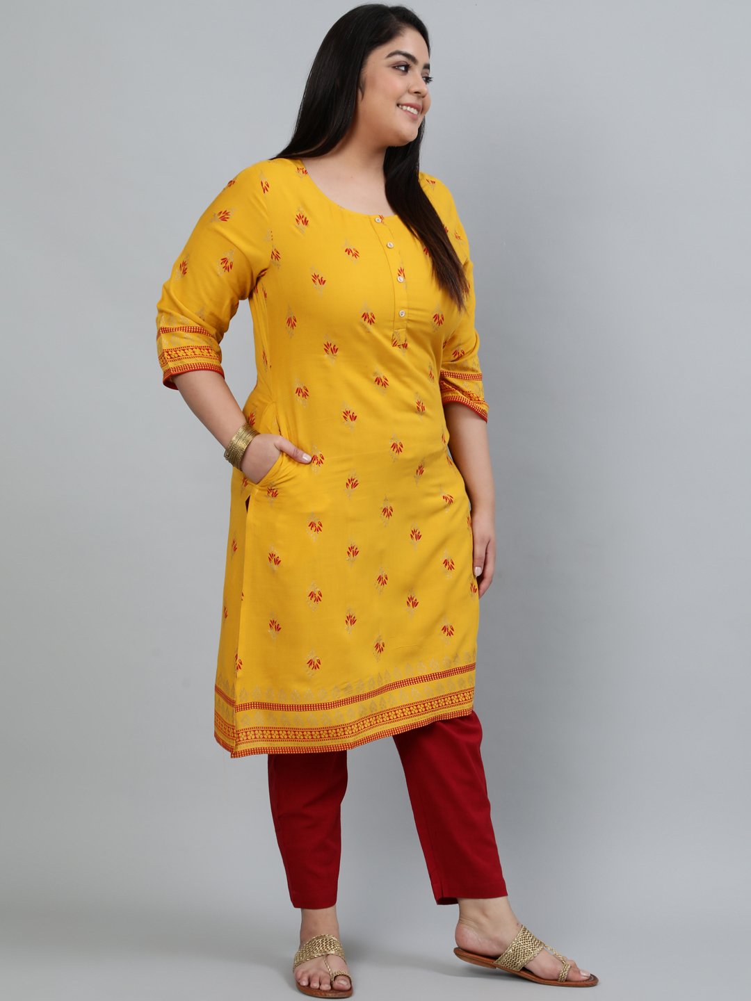 Plus Size Women Yellow & Gold Printed Staright Kurta With Three Quarter Sleeves | LASVINI - Redefining Indian Fashion with Elegance