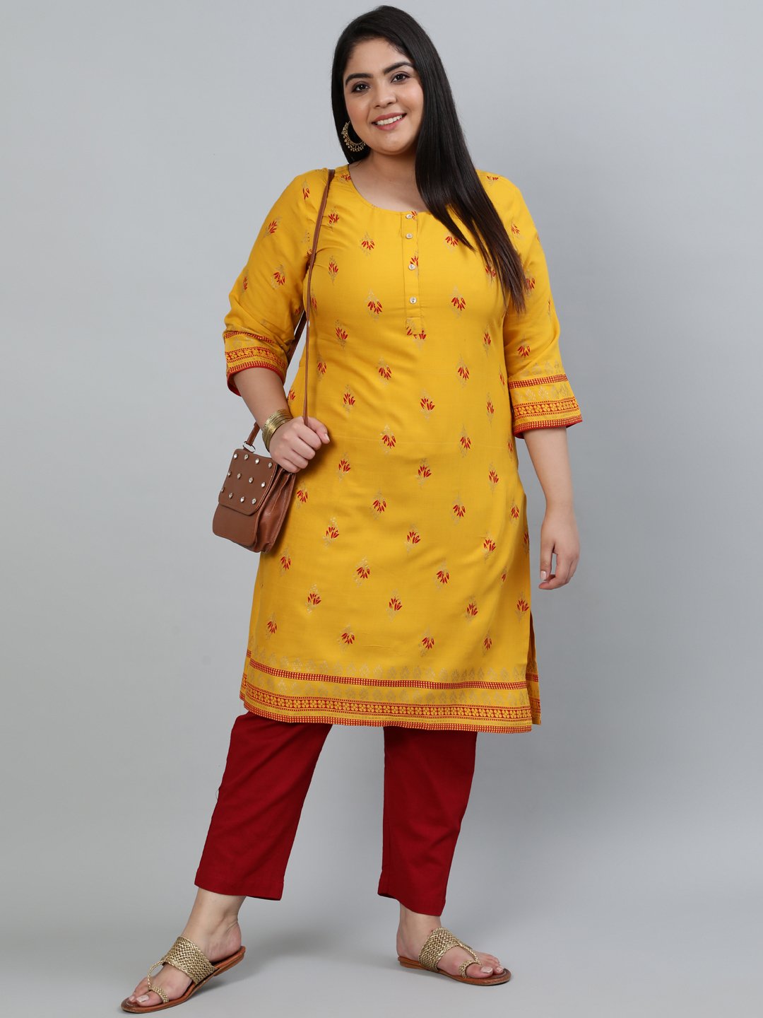 Plus Size Women Yellow & Gold Printed Staright Kurta With Three Quarter Sleeves | LASVINI - Redefining Indian Fashion with Elegance