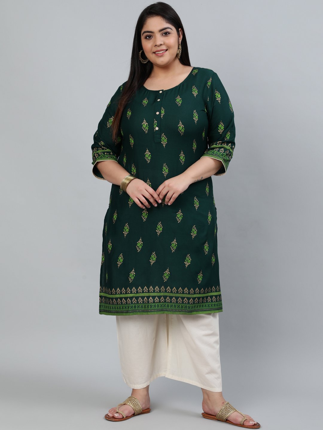Plus Size Women Green & Gold Printed Staright Kurta With Three Quarter Sleeves | LASVINI - Redefining Indian Fashion with Elegance