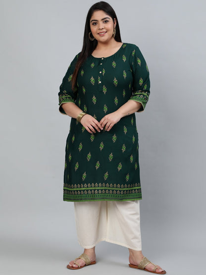 Plus Size Women Green & Gold Printed Staright Kurta With Three Quarter Sleeves | LASVINI - Redefining Indian Fashion with Elegance