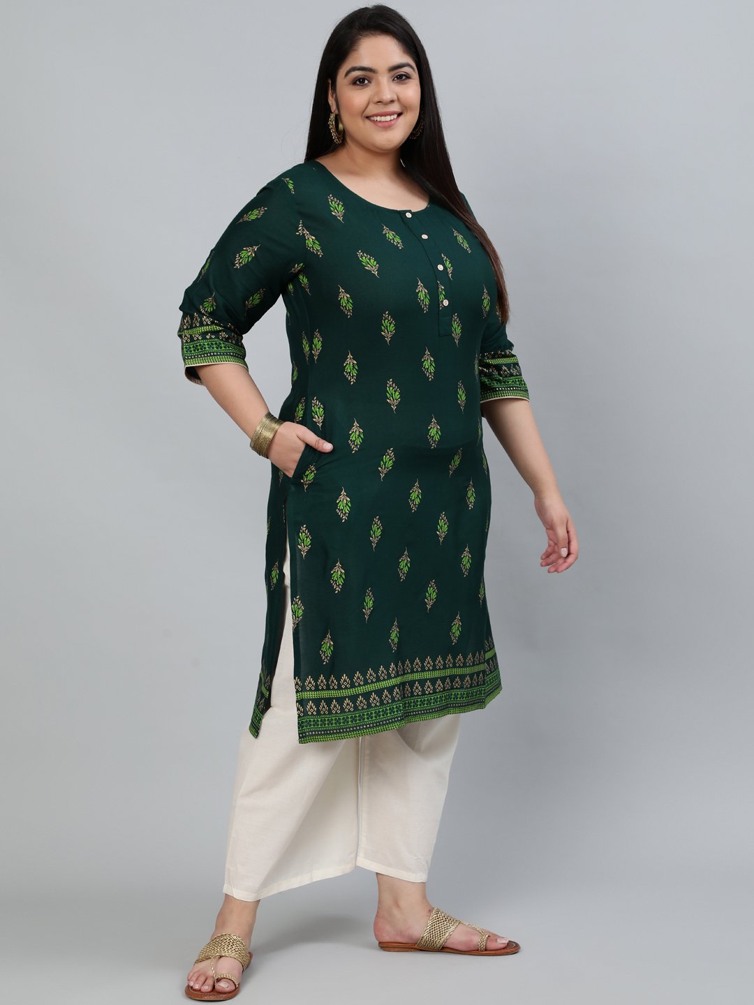 Plus Size Women Green & Gold Printed Staright Kurta With Three Quarter Sleeves | LASVINI - Redefining Indian Fashion with Elegance
