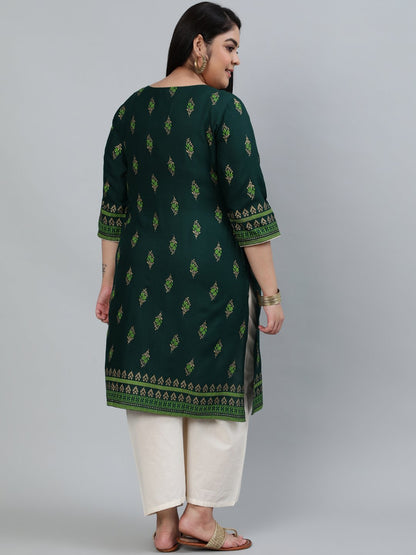 Plus Size Women Green & Gold Printed Staright Kurta With Three Quarter Sleeves | LASVINI - Redefining Indian Fashion with Elegance