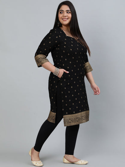 Plus Size Women Black & Gold Printed Staright Kurta With Three Quarter Sleeves | LASVINI - Redefining Indian Fashion with Elegance