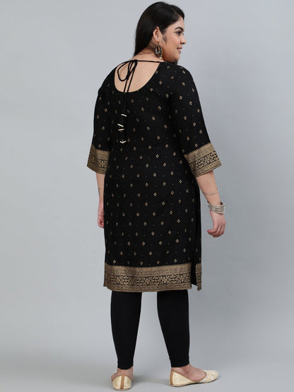 Plus Size Women Black & Gold Printed Staright Kurta With Three Quarter Sleeves | LASVINI - Redefining Indian Fashion with Elegance