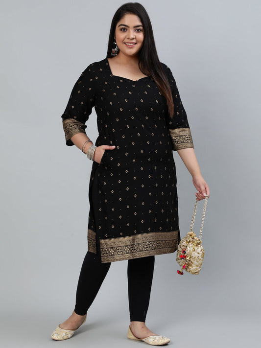 Plus Size Women Black & Gold Printed Staright Kurta With Three Quarter Sleeves | LASVINI - Redefining Indian Fashion with Elegance