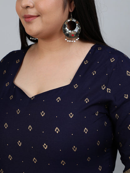 Plus Size Women Navy Blue & Gold Printed Staright Kurta With Three Quarter Sleeves | LASVINI - Redefining Indian Fashion with Elegance