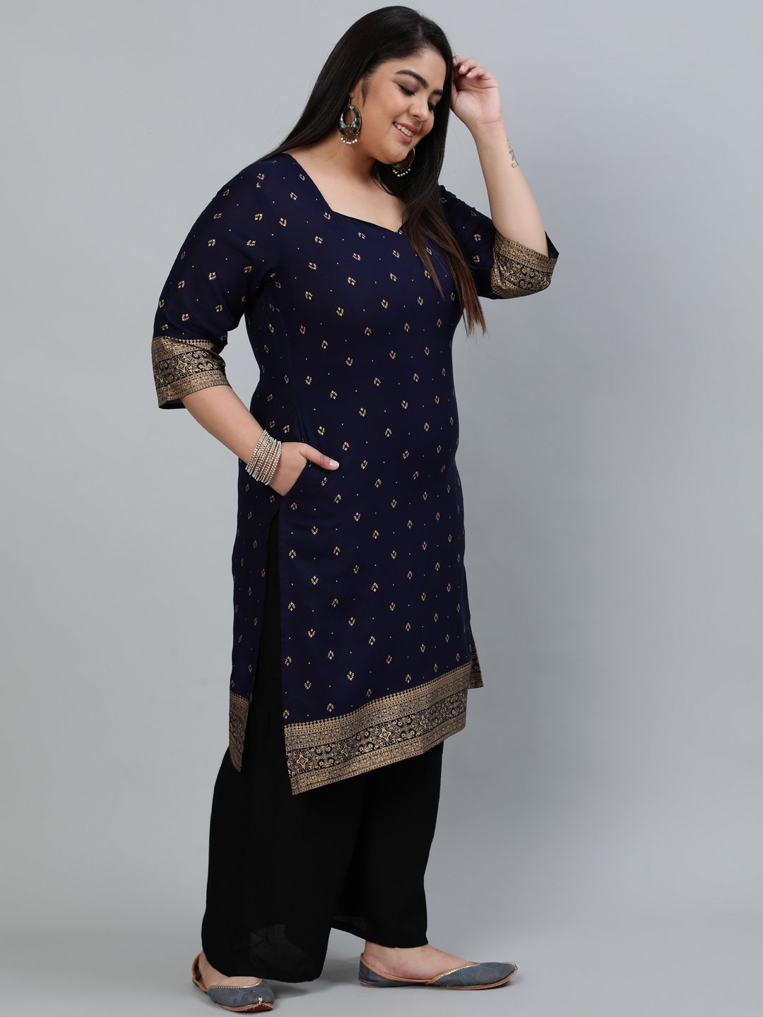 Plus Size Women Navy Blue & Gold Printed Staright Kurta With Three Quarter Sleeves | LASVINI - Redefining Indian Fashion with Elegance