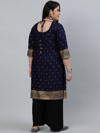 Plus Size Women Navy Blue & Gold Printed Staright Kurta With Three Quarter Sleeves | LASVINI - Redefining Indian Fashion with Elegance