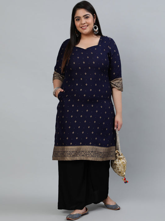 Plus Size Women Navy Blue & Gold Printed Staright Kurta With Three Quarter Sleeves | LASVINI - Redefining Indian Fashion with Elegance