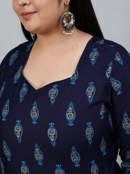 Plus Size Women Navy Blue & Gold Printed Staright Kurta With Three Quarter Sleeves | LASVINI - Redefining Indian Fashion with Elegance