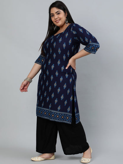 Plus Size Women Navy Blue & Gold Printed Staright Kurta With Three Quarter Sleeves | LASVINI - Redefining Indian Fashion with Elegance