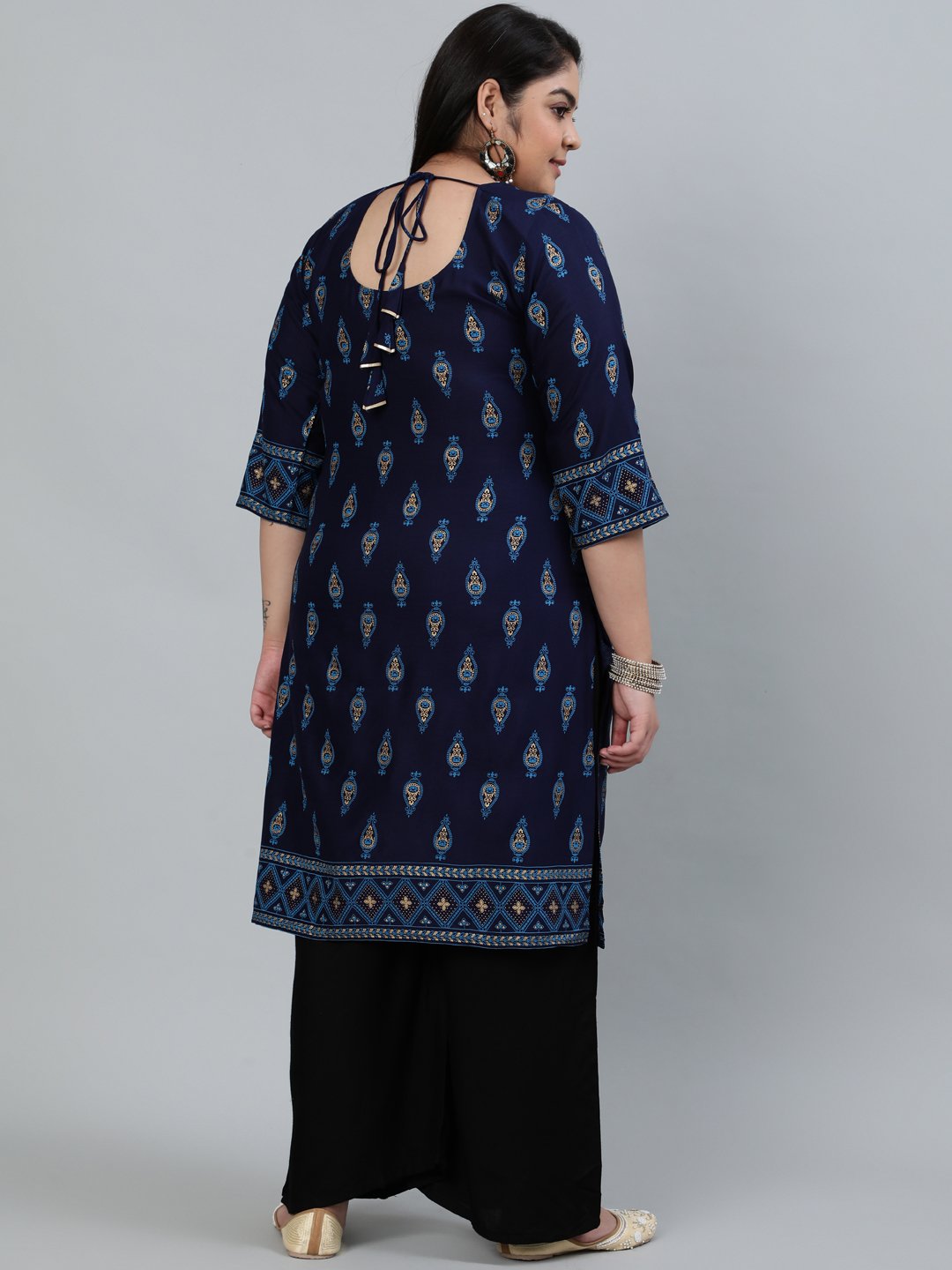 Plus Size Women Navy Blue & Gold Printed Staright Kurta With Three Quarter Sleeves | LASVINI - Redefining Indian Fashion with Elegance