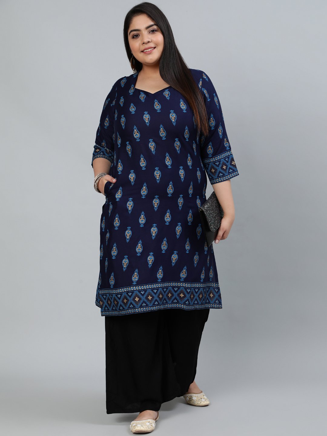 Plus Size Women Navy Blue & Gold Printed Staright Kurta With Three Quarter Sleeves | LASVINI - Redefining Indian Fashion with Elegance
