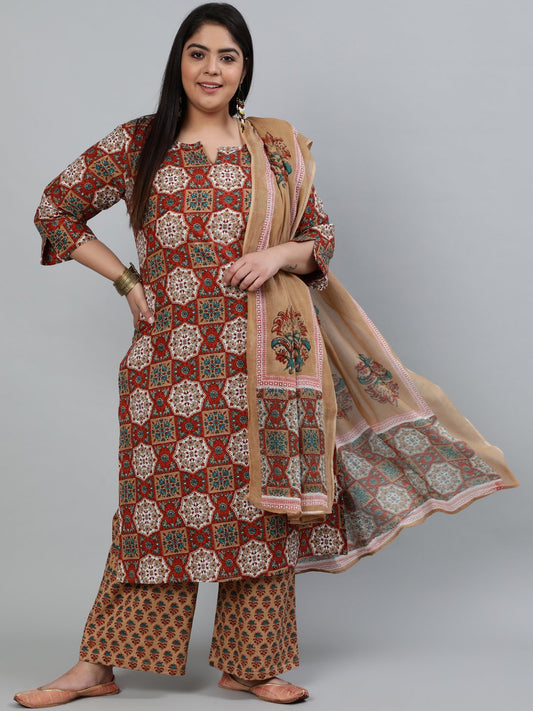 Plus Size Women Brown Printed Straight Kurta With Palazo & Dupatta | LASVINI - Redefining Indian Fashion with Elegance