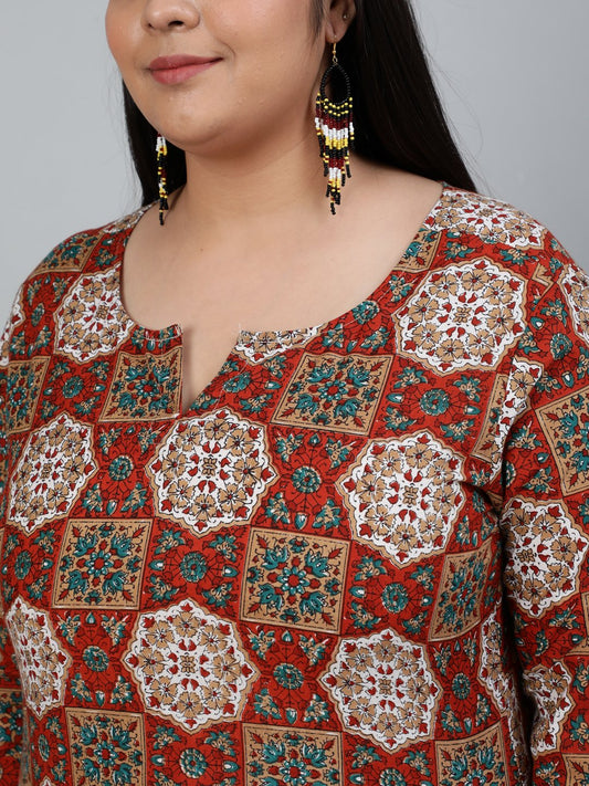Plus Size Women Brown Printed Straight Kurta With Palazo & Dupatta | LASVINI - Redefining Indian Fashion with Elegance