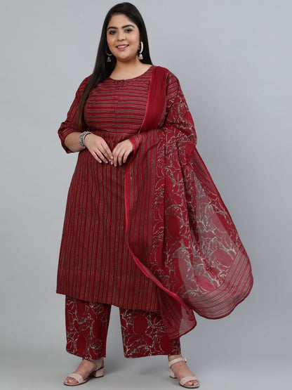 Plus Size Women Maroon Printed Straight Kurta With Palazo & Dupatta | LASVINI - Redefining Indian Fashion with Elegance