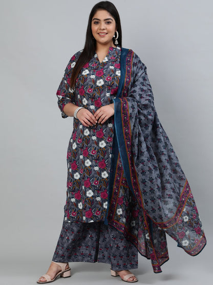 Plus Size Women Grey Printed Straight Kurta With Palazo & Dupatta | LASVINI - Redefining Indian Fashion with Elegance