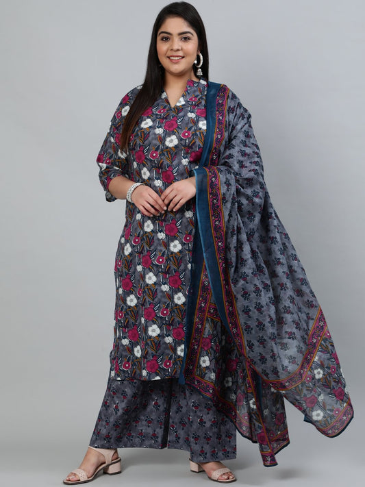 Plus Size Women Grey Printed Straight Kurta With Palazo & Dupatta | LASVINI - Redefining Indian Fashion with Elegance